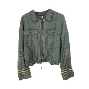 Free People Green Embellished Bomber Jacket
